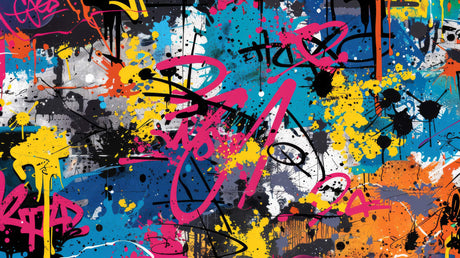 Design file showing dynamic graffiti pattern with turquoise and pink paint splashes on black background