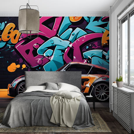 Street art graffiti wallpaper with sports car styled in modern teen bedroom showing vibrant urban design