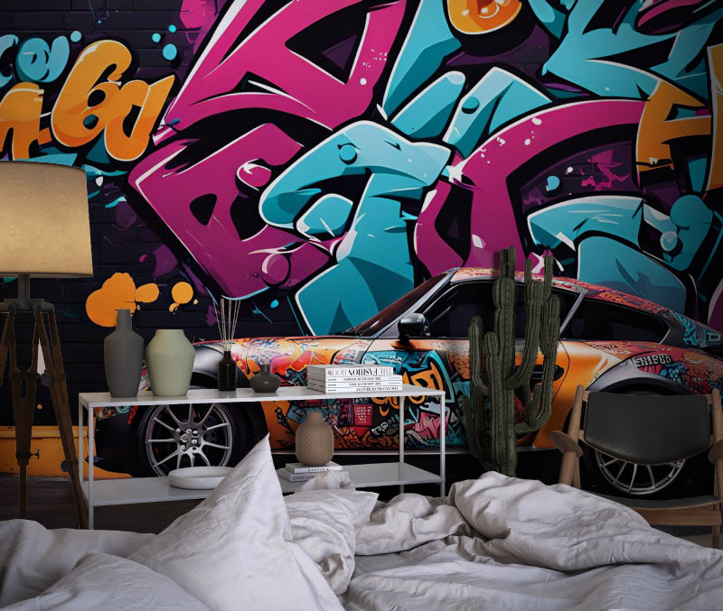 Urban graffiti mural wallpaper featuring sports car displayed in contemporary living room