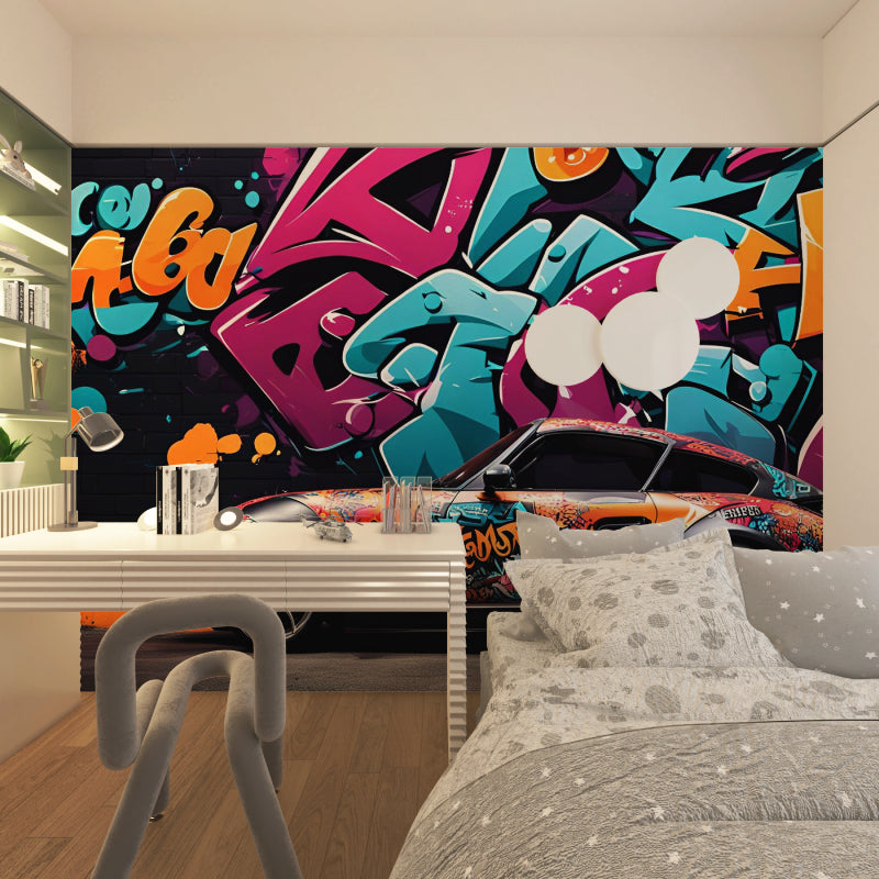 Street art wallpaper with sports car design showcased in gaming room setup