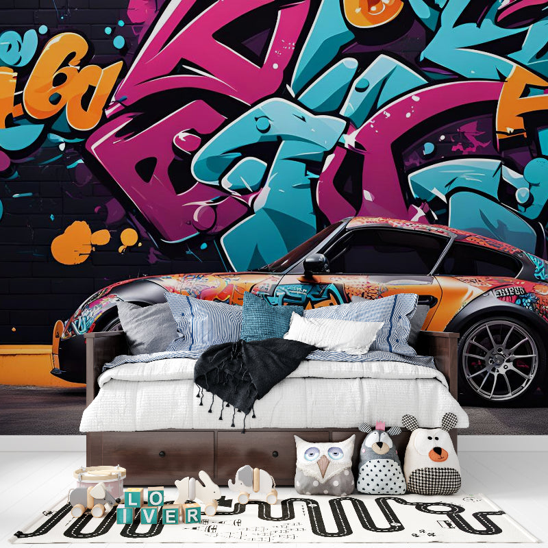 Graffiti wall mural with sports car theme styled in modern office space