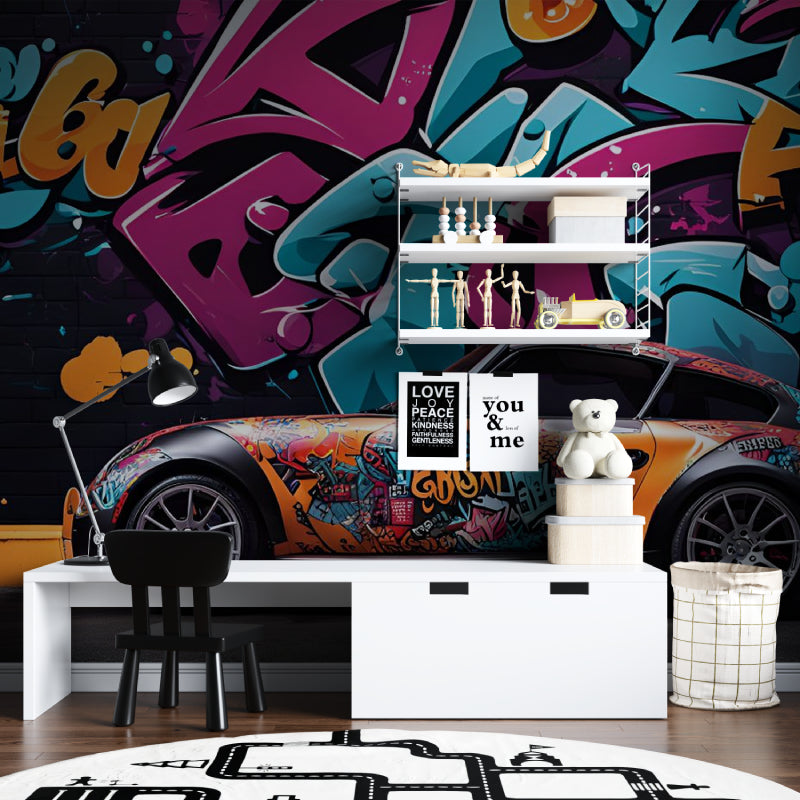 Urban street art wallpaper with sports car displayed in entertainment room