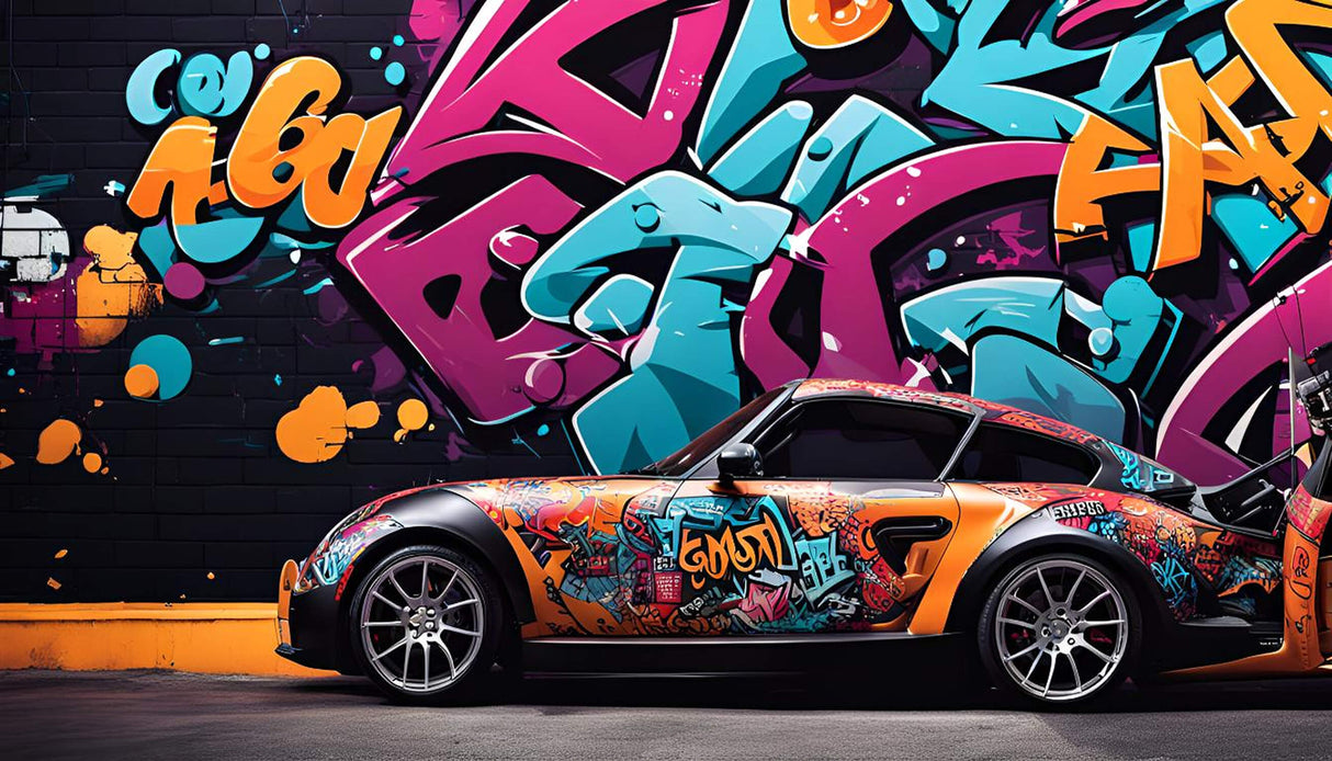 Design file of graffiti street art wallpaper showing detailed sports car and urban elements