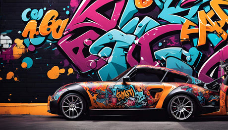Design file of graffiti street art wallpaper showing detailed sports car and urban elements