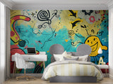Street art graffiti wallpaper bringing urban style to a modern living room with yellow and blue design