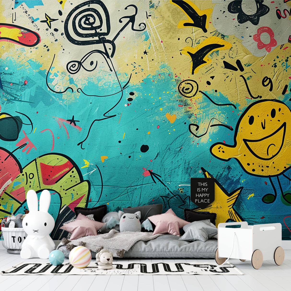 Graffiti wall mural creating energy in a teen bedroom with vibrant street art design