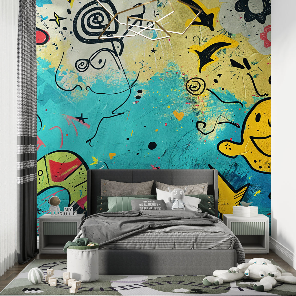 Street art mural making a statement in a modern dining room with bold yellow accents