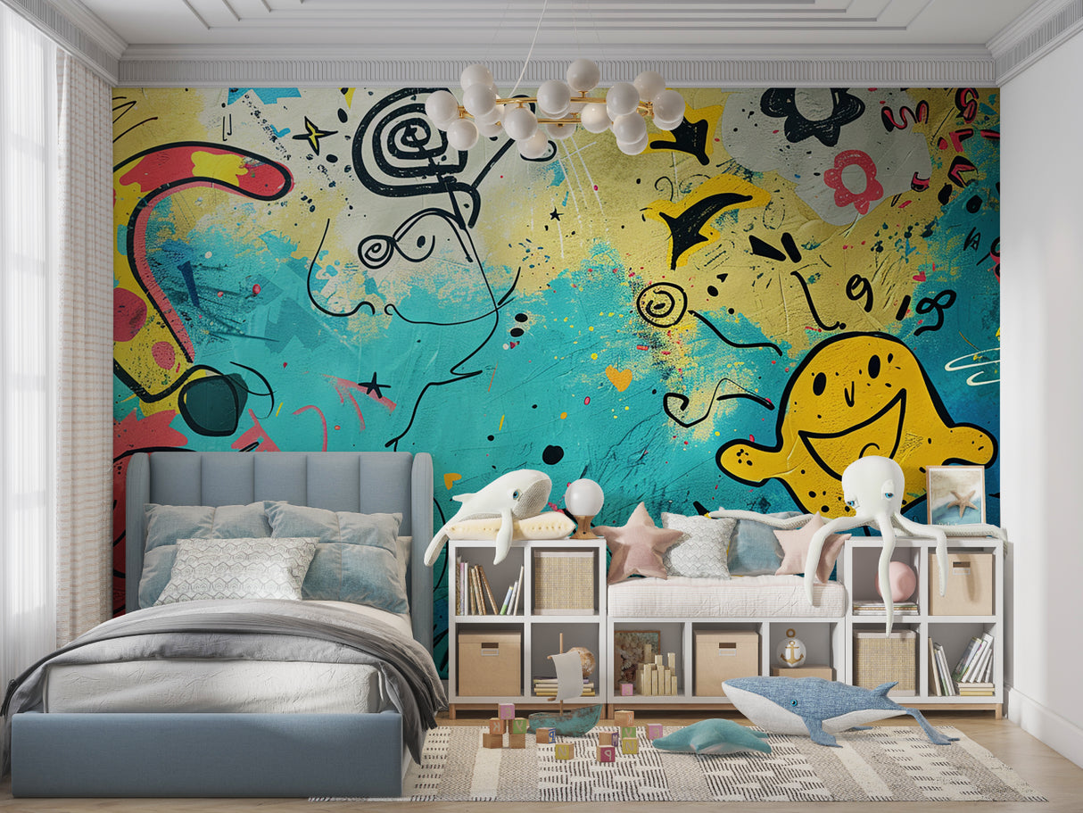 Graffiti wallpaper adding personality to a gaming room with urban art style