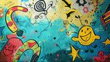 Street art wallpaper design file showing detailed urban graffiti pattern in yellow and blue