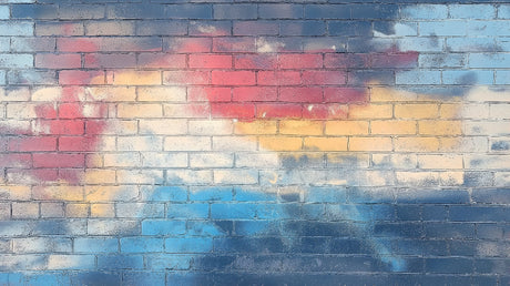 Urban Graffiti Brick Wallpaper creating a sunset backdrop in a modern living room with minimalist furniture