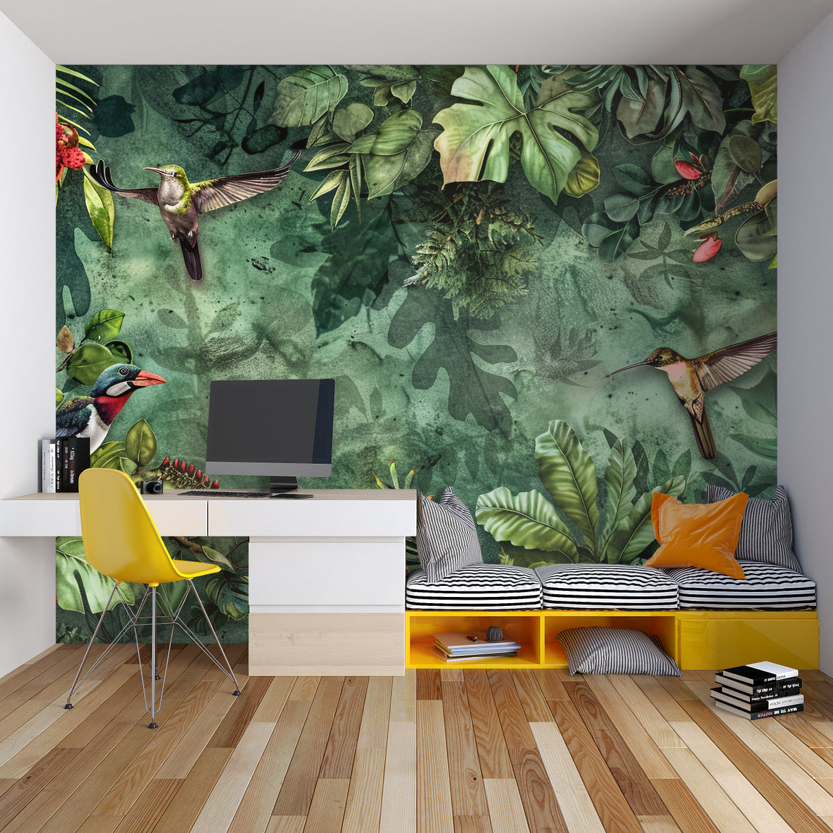 Urban street art wallpaper making a statement in a creative home office space