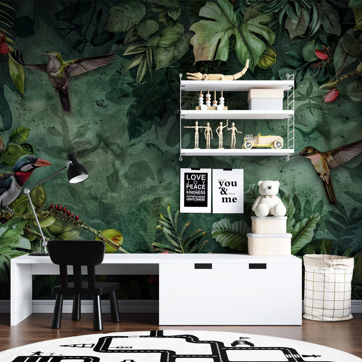 Street art wallpaper adding personality to a music studio with dynamic shapes