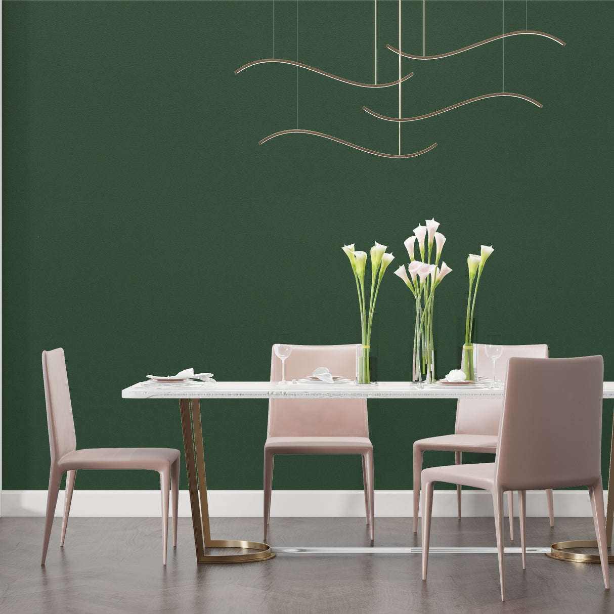 Forest green wall covering in a home office with wooden furniture