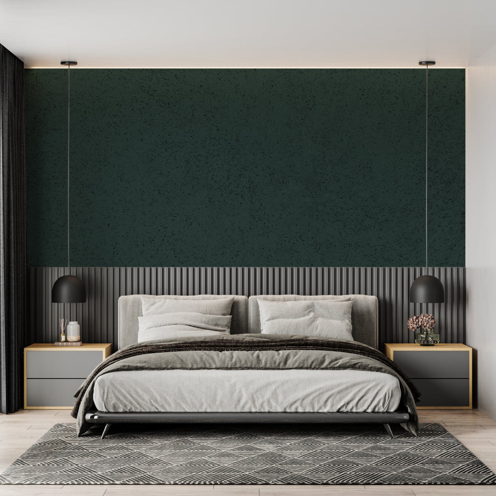 Textured green wallpaper adding sophistication to dining room space
