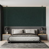 Textured green wallpaper adding sophistication to dining room space