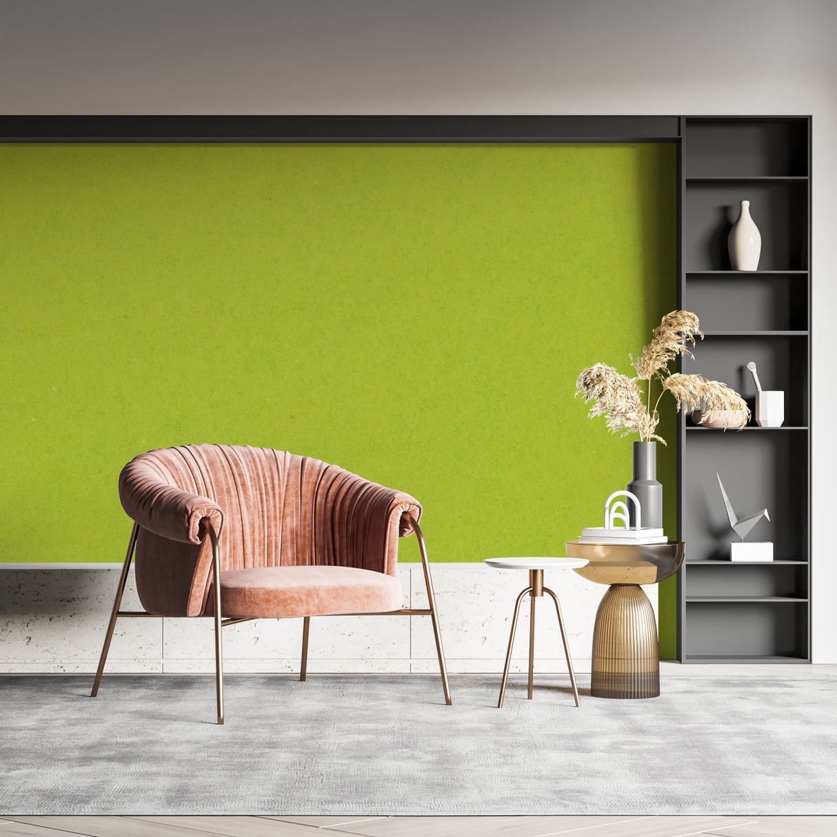 Apple green wall mural brightening a contemporary home office setup