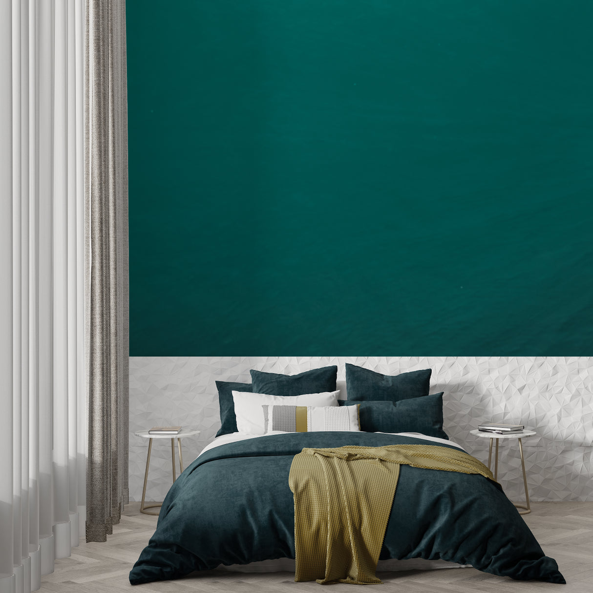 Emerald green wallpaper adding depth to minimal dining room setting