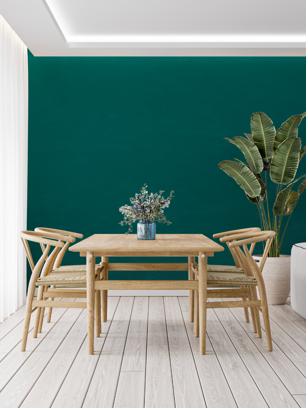 Green wall mural creating calm atmosphere in modern bedroom