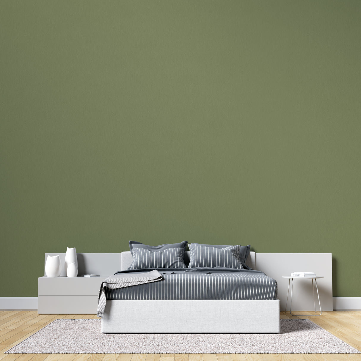 Modern green wall mural in bright living room showing peaceful khaki tones