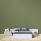 Modern green wall mural in bright living room showing peaceful khaki tones
