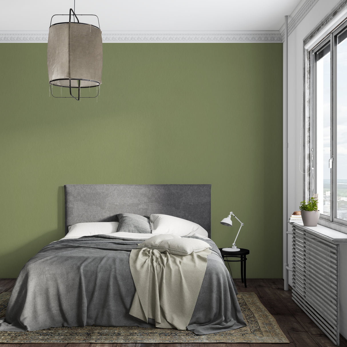 Olive green mural wallpaper application in stylish hallway