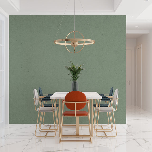 Modern Sage Green Wallpaper in bright living room setting with minimal furniture