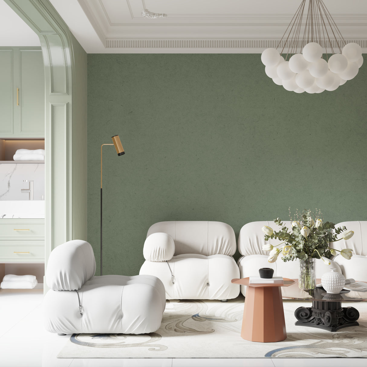 Minimalist Sage Wallpaper in dining room with wooden furniture
