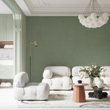 Minimalist Sage Wallpaper in dining room with wooden furniture