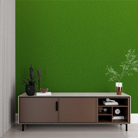 Modern green wallpaper in a bright living room setting showing depth and texture