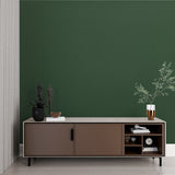 Solid green wall mural in a home office with wooden desk and natural light