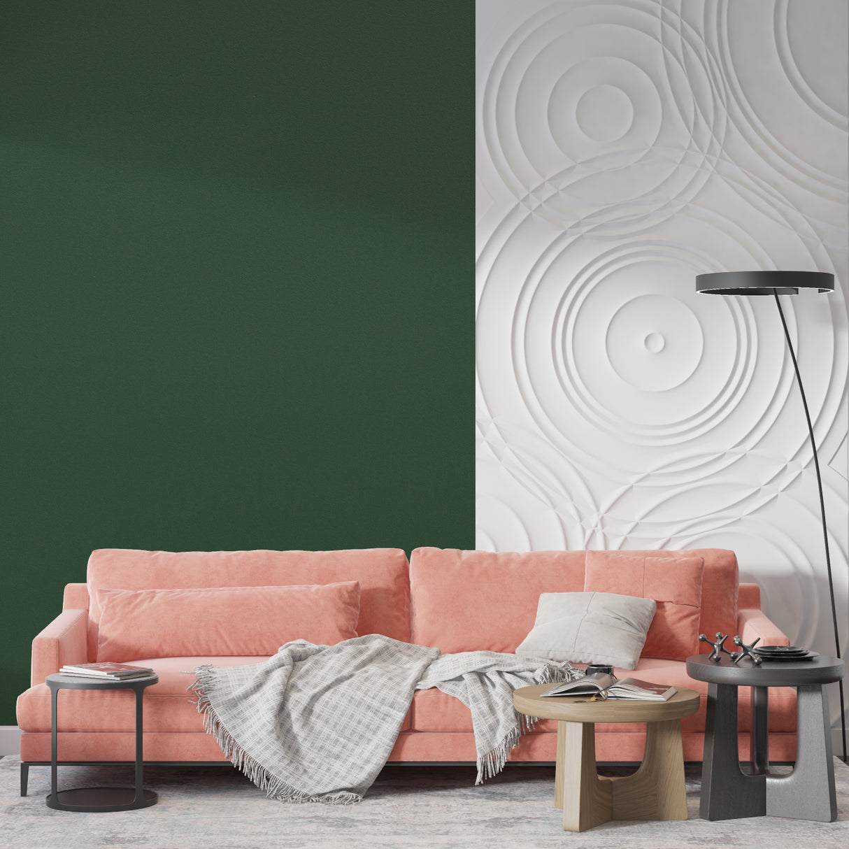 Green wall covering in a dining room with contemporary furniture and pendant lights