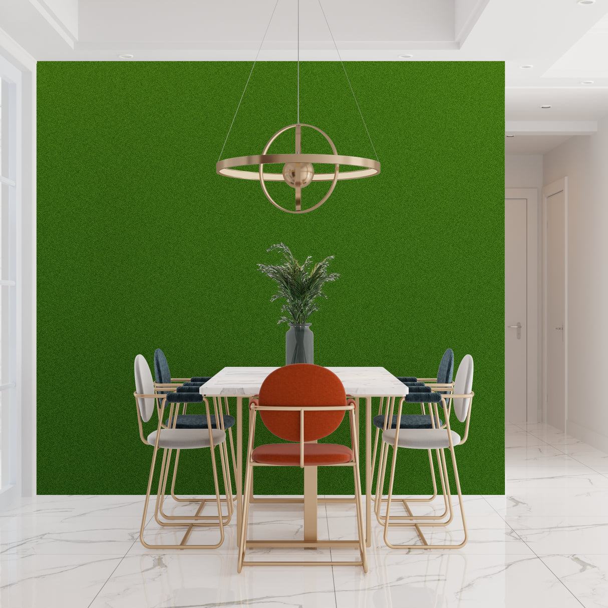 Green statement wall in dining room with modern furniture