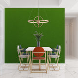 Green statement wall in dining room with modern furniture