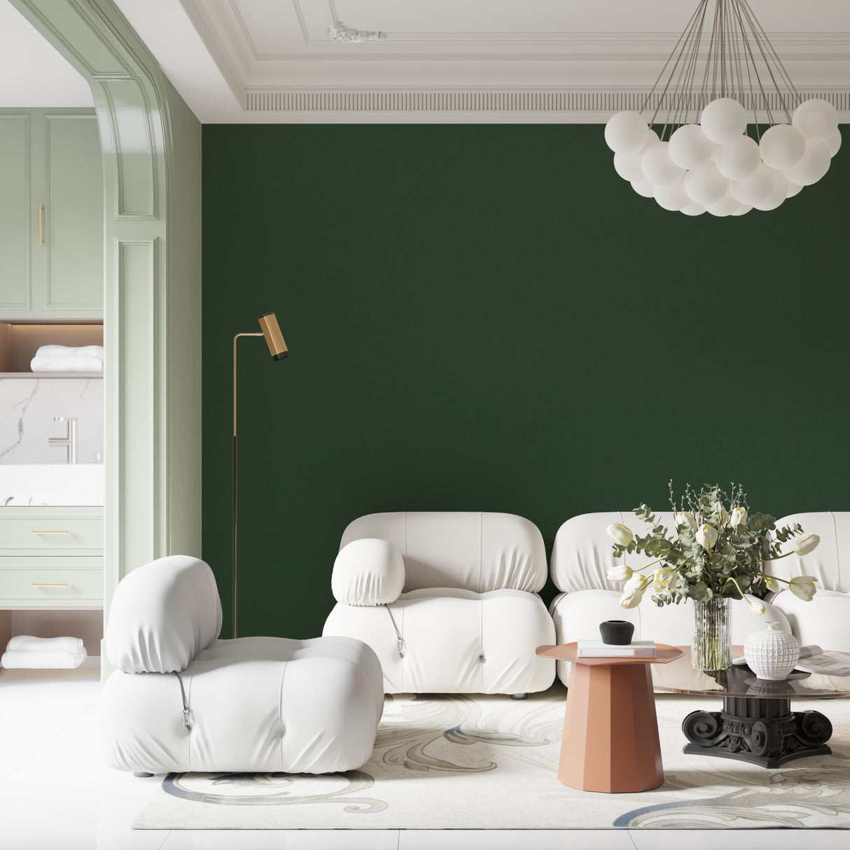 Forest green wallpaper in a bedroom creating a calm and peaceful atmosphere