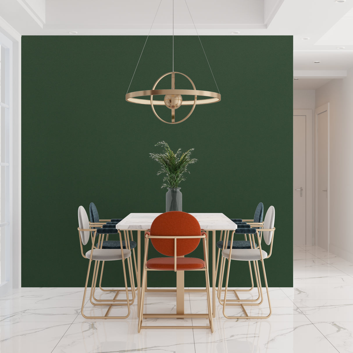 Emerald green mural in a modern kitchen with white cabinets and marble countertops