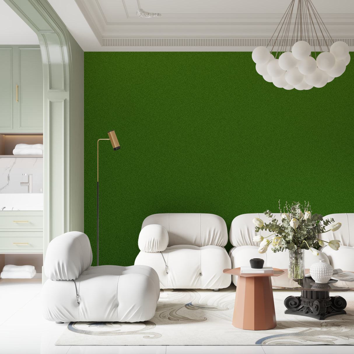 Contemporary hallway with solid green wallpaper installation