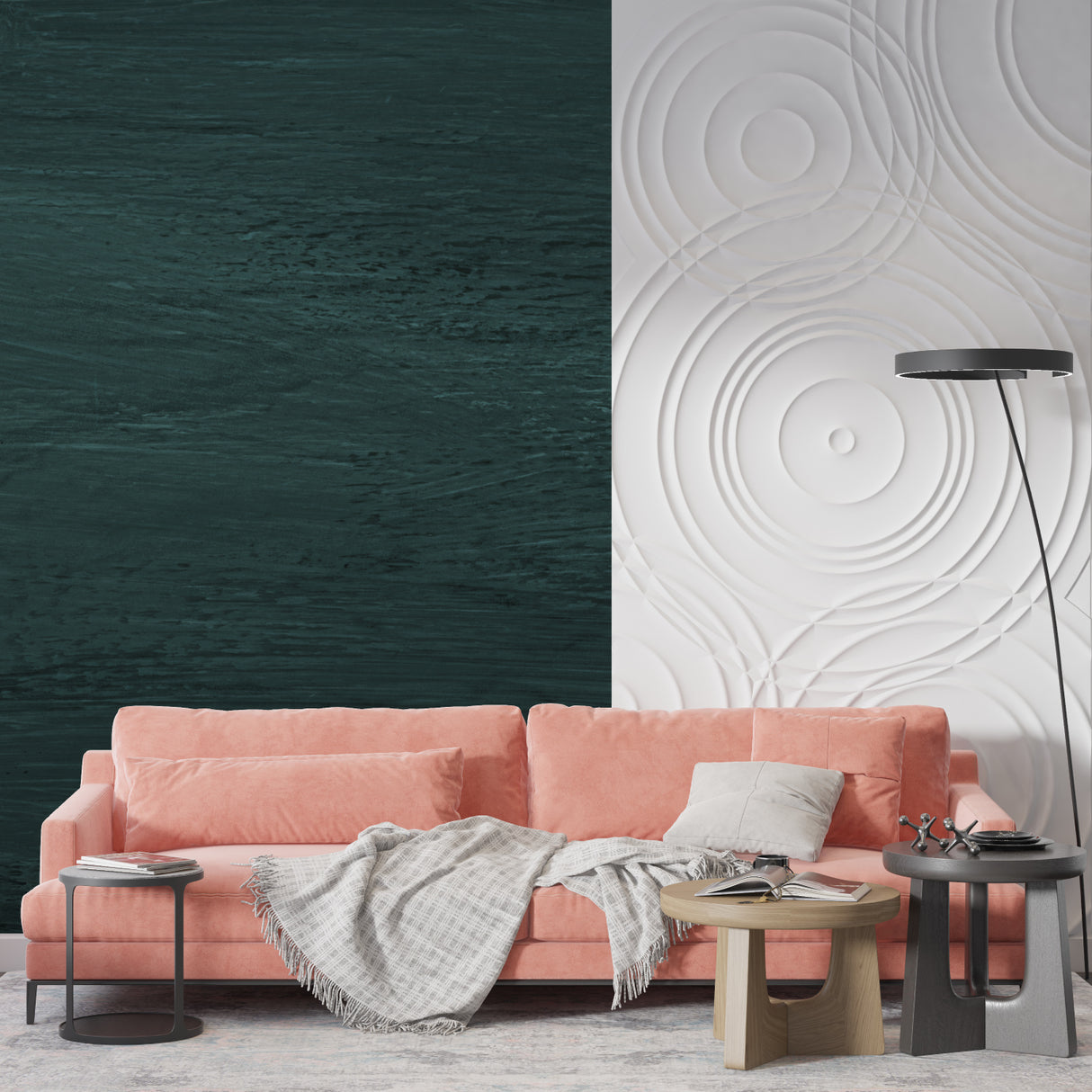Emerald green wall mural creating depth in contemporary dining space