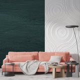 Emerald green wall mural creating depth in contemporary dining space