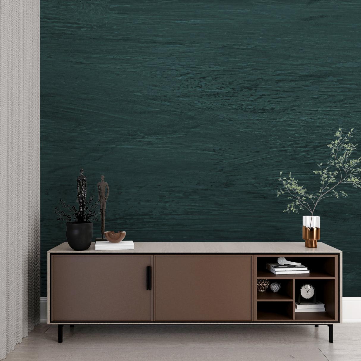 Modern green textured wallpaper in home office setting with wooden desk
