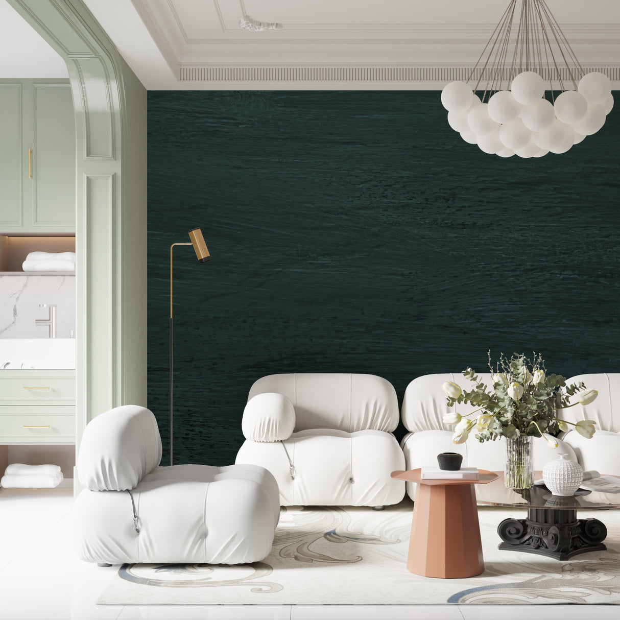 Deep green wall covering showcased in master bedroom with gold accents