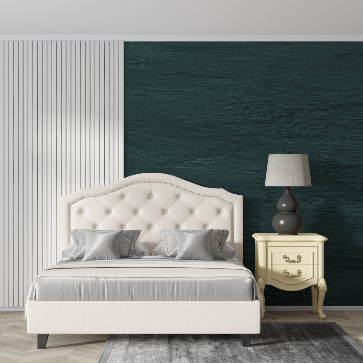 Textured emerald wallpaper application in luxury hotel lobby setting