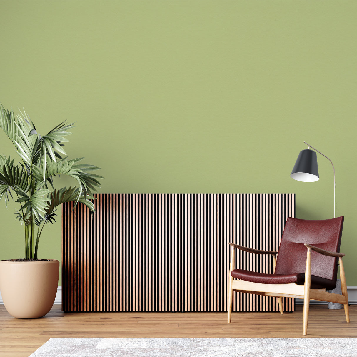 Bamboo-green wall design enhancing a contemporary home office space