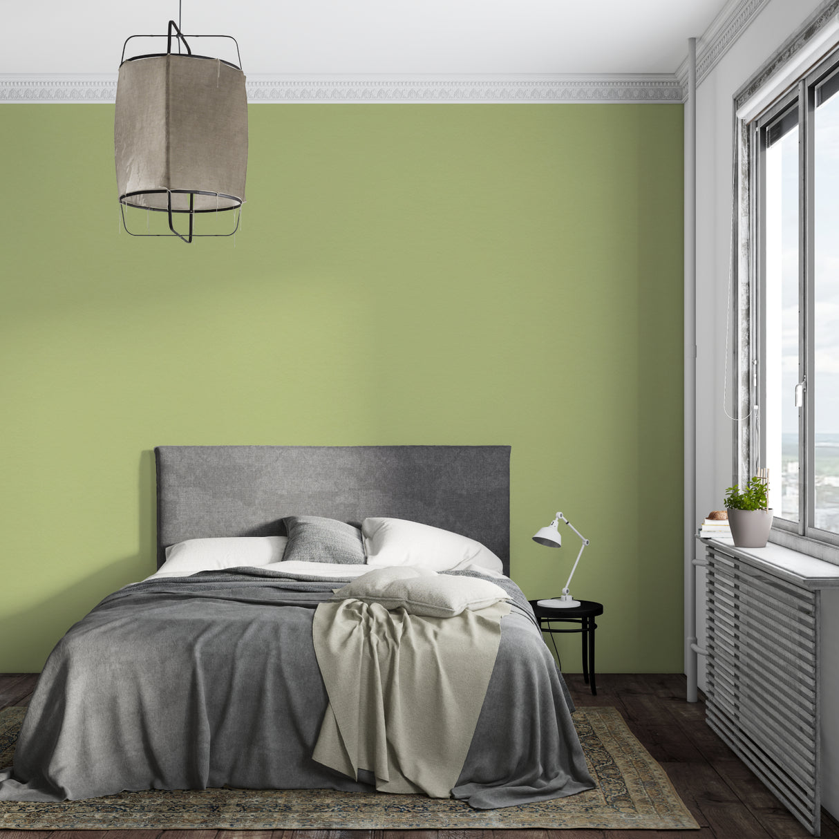 Green bamboo wall mural creating harmony in a meditation room