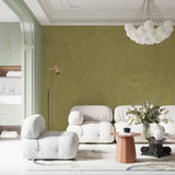 Olive green wall covering in bedroom displaying subtle texture detail