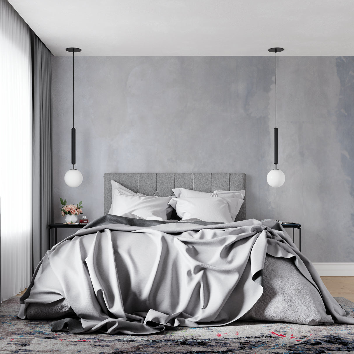 Grey concrete wallpaper adding industrial charm to dining room walls