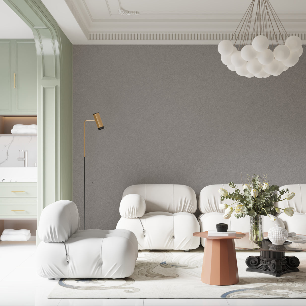 Grey minimalist wall mural in modern bedroom creating calm atmosphere
