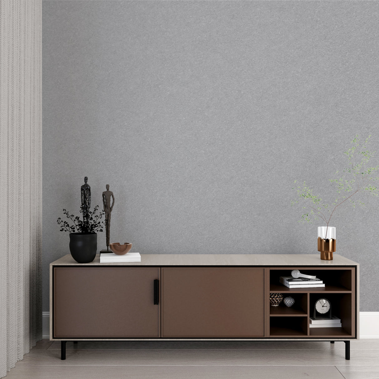 Contemporary grey wallpaper in home office highlighting clean lines