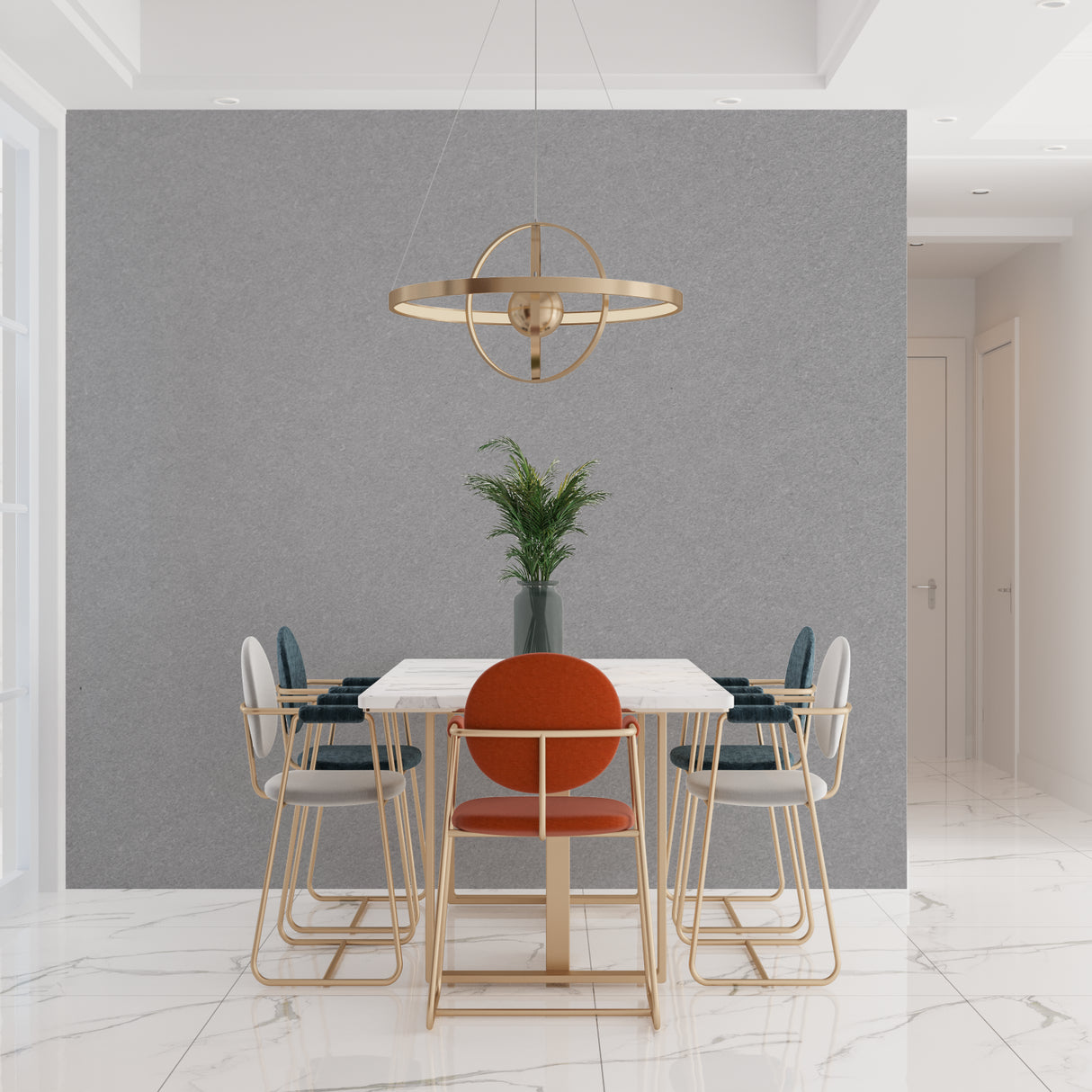 Modern grey wall design in dining room showing versatile styling options