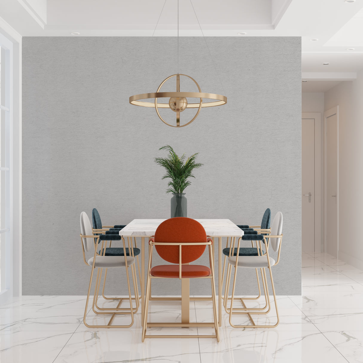 Modern grey wallpaper mural in bright living room with minimal furniture and large windows