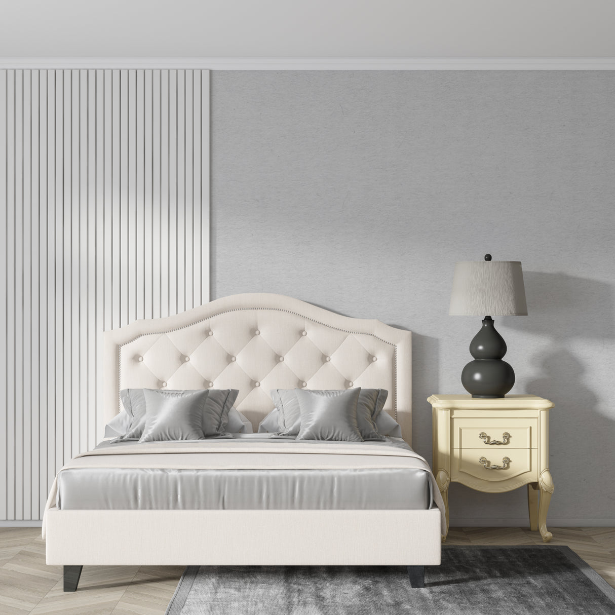 Grey minimalist wall mural in modern bedroom creating calm atmosphere